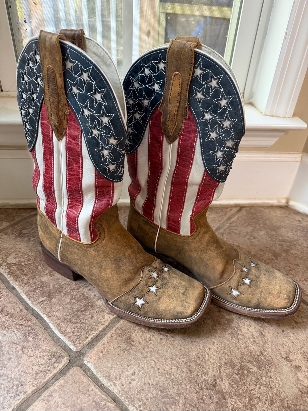 J.B. Dillon Men's American Flag Cowboy Boots - Brown/Red/White/Blue Size 10.5